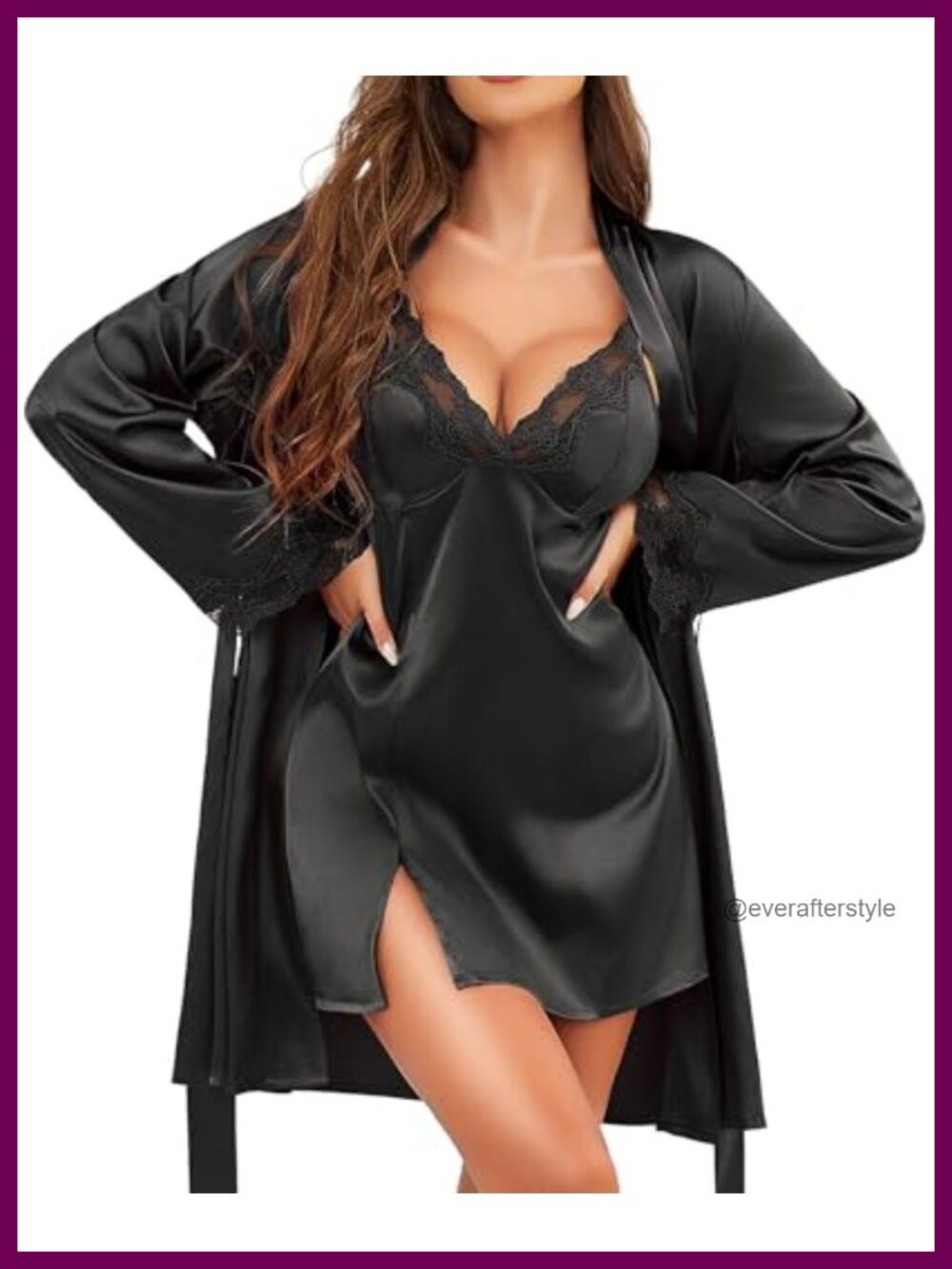 Satin Sleepwear Set Lace Cami Nightgown & Long Sleeve Robe Lingerie